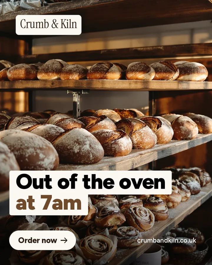 Sample photo ad for a bakery: Out of the oven at 7am